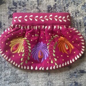 Moyna Embroidered Gathered Clutch Pink Boho On The Go Bag Festival Colorful Carn